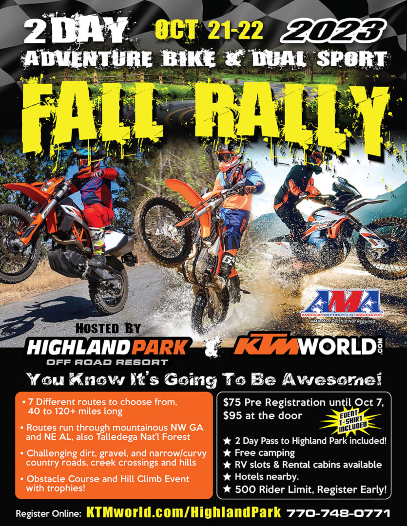 A flyer for a motorcycle rally with three riders and rally info